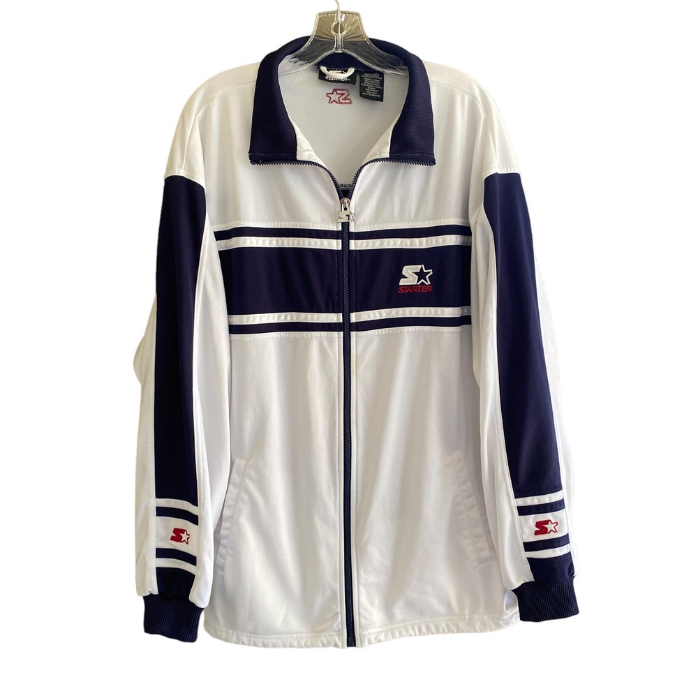 STARTER Men's Size L Jacket Athletic Zip Front White Navy Blue 100% Polyester